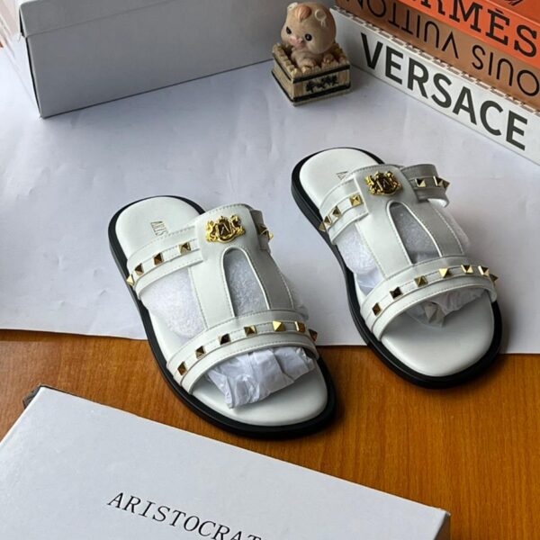 Aristocrats Men’s White Leather Palm Slippers with Gold Stud Accents