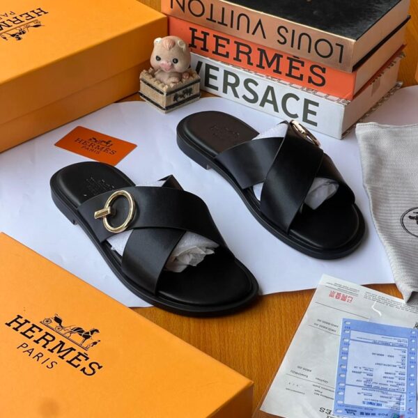 Hermès Black Leather Slippers