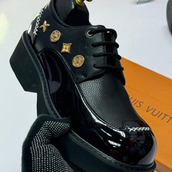 Men’s Black Glossy Derby Shoes with Gold Monogram Accents