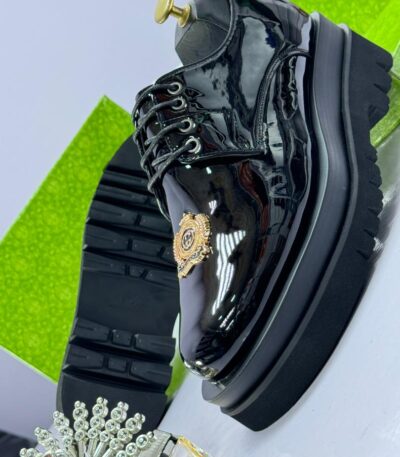 Men’s Black Patent Leather Derby Shoes with Gold Crest