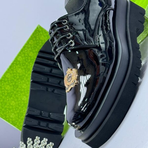 Men’s Black Patent Leather Derby Shoes with Gold Crest