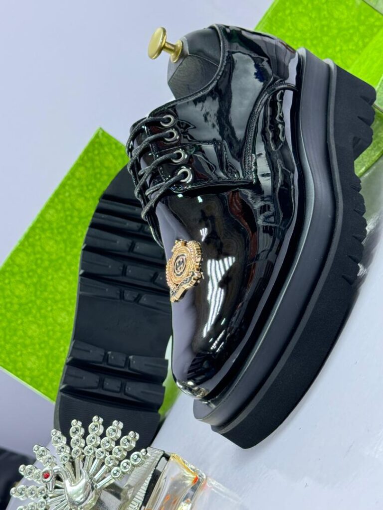 Men’s Black Patent Leather Derby Shoes with Gold Crest