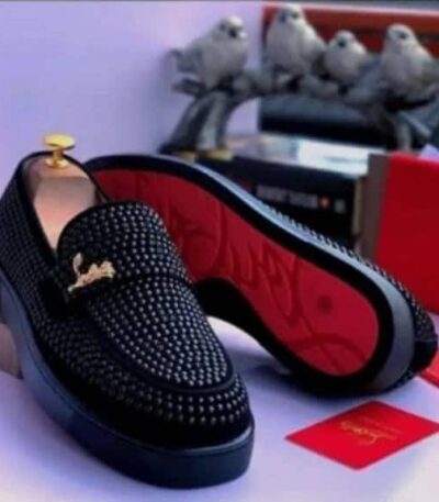 Men’s Black Studded Loafers with Gold Strap Detail