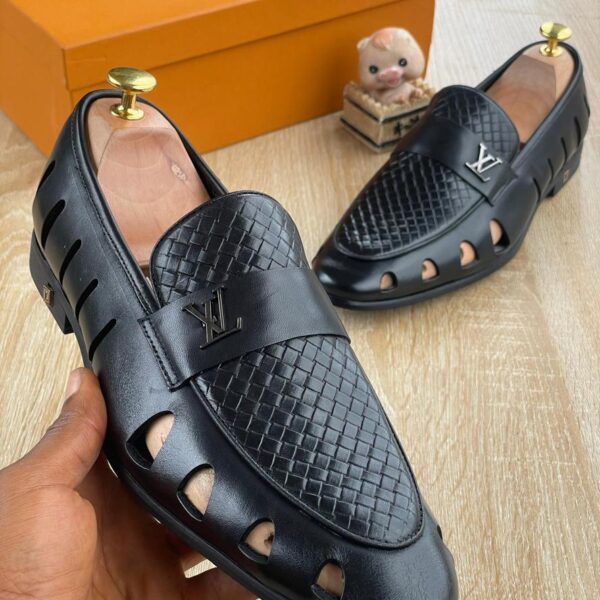 Men’s Black Woven Leather Cut-Out Loafers