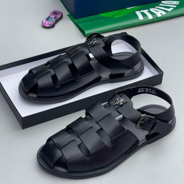 Black Italian Leather Fisherman Cage Sandals