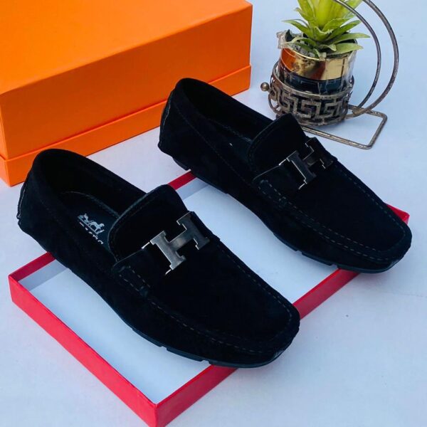Black Suede Driving Loafers with Metallic H Buckle