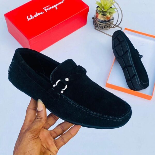 Black Suede Driving Loafers with Silver Gancini Buckle