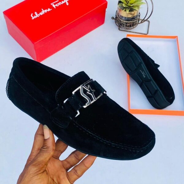 Black Suede Loafers with Silver Designer Buckle