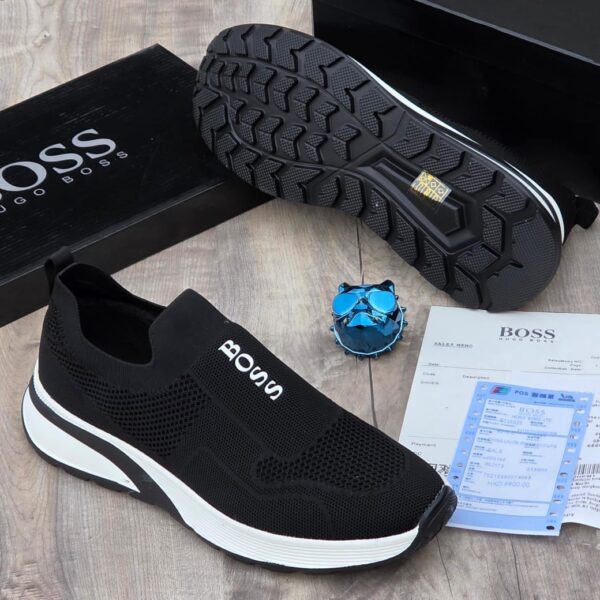 Boss Men’s Black Laceless Slip-On Sneakers with White Sole