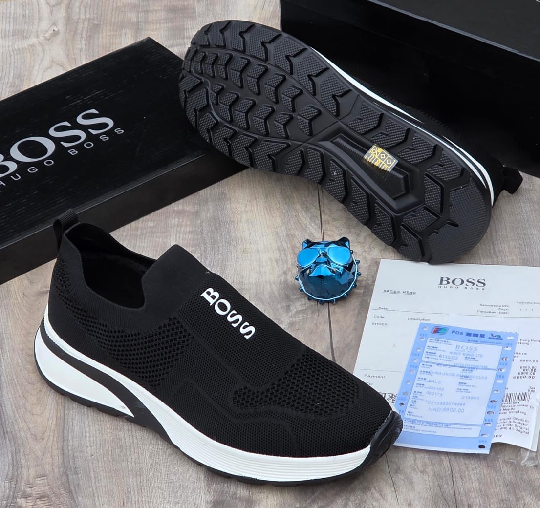 Boss Men’s Black Laceless Slip-On Sneakers with White Sole Boss Men’s Black Laceless Slip-On Sneakers with White Sole