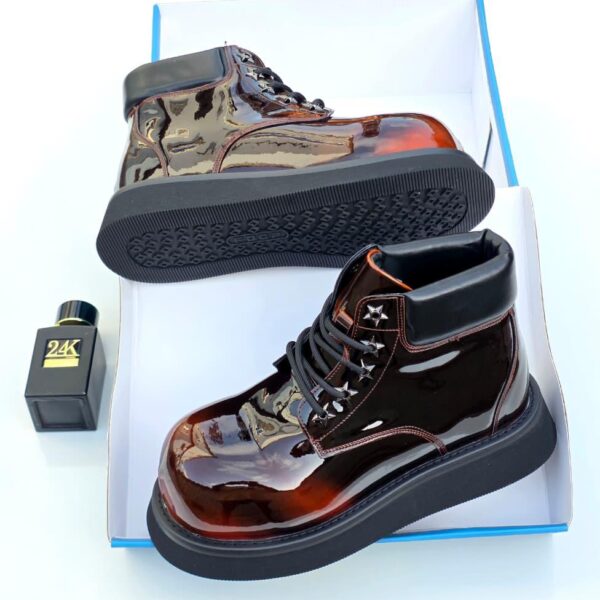 Brown Glossy Patent Leather Platform Ankle Boots
