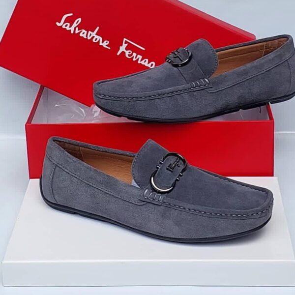 Grey Suede Loafers with Gancini Buckle Detail