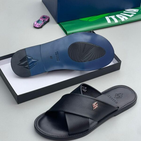 Iceberg Black Cross-Strap Leather Slides