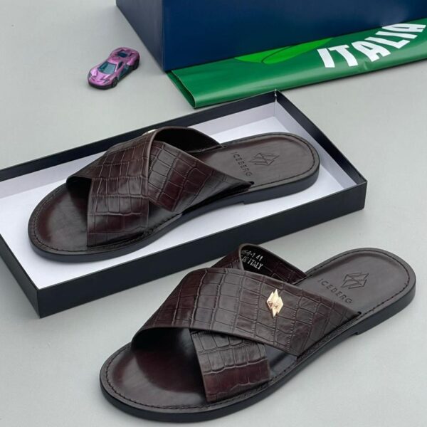 Iceberg Brown Crocodile-Pattern Leather Slip-On Sandals