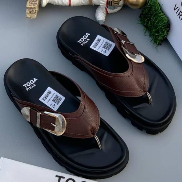 Men’s Brown Leather Buckle Slippers