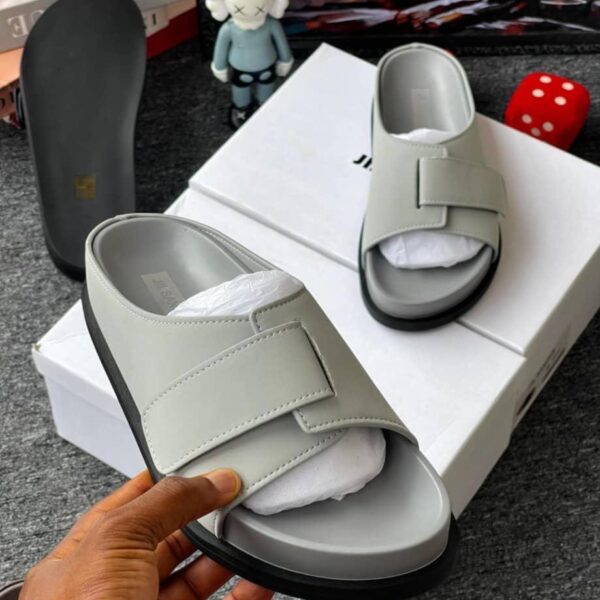 Men’s Grey Leather Velcro Slippers