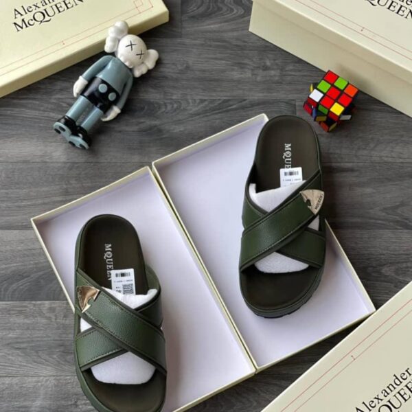 Men’s Olive Green Leather Slides