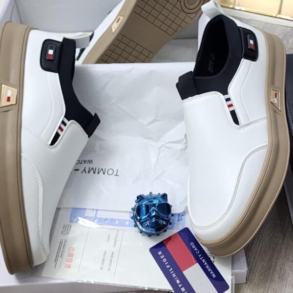 Men’s White Slip-On Sneakers with Tan Sole