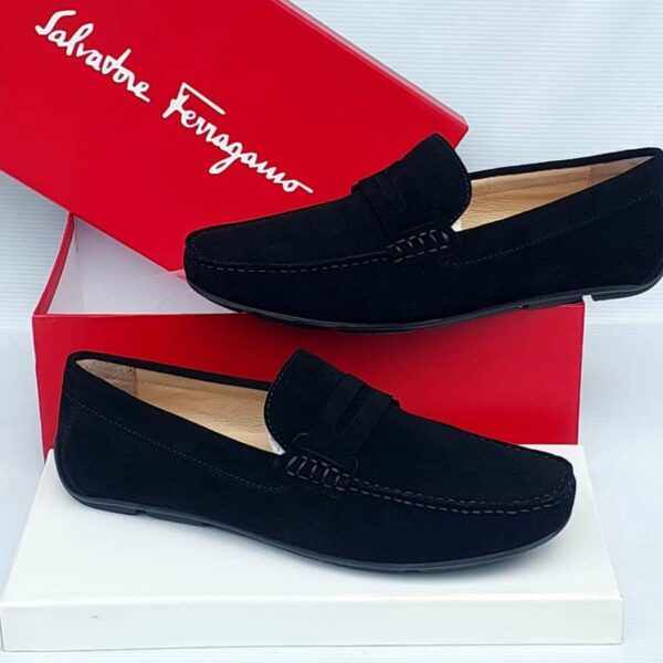 Salvatore Ferragamo Black Suede Apron-Toe Loafers
