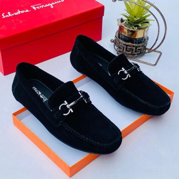 Salvatore Ferragamo Black Suede Loafers with Silver-Tone Gancini Bit