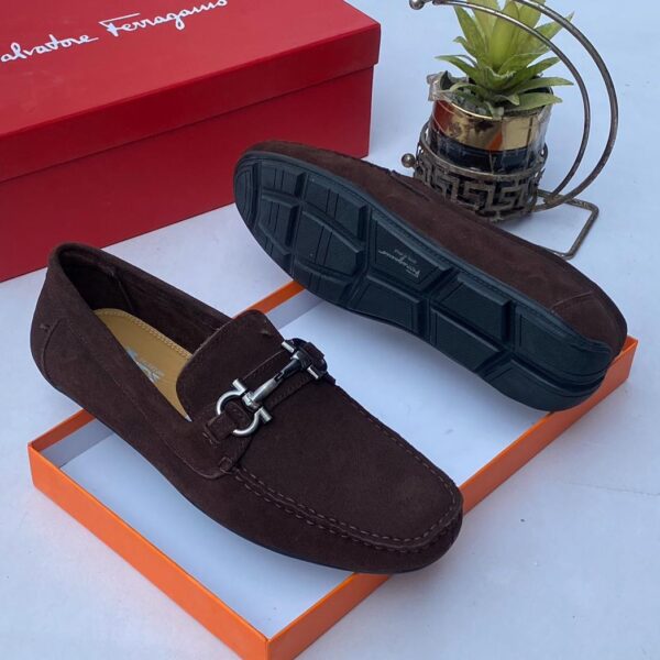 Salvatore Ferragamo Brown Suede Loafers with Silver Gancini Buckle and Rubber Soles