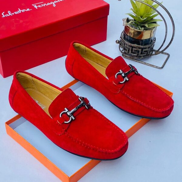 Salvatore Ferragamo Red Suede Loafers with Silver Gancini Bit