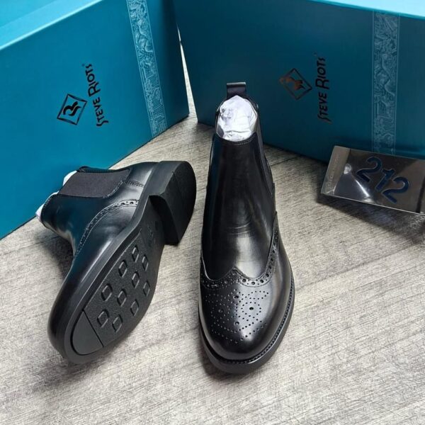 Steve Riots Black Leather Chelsea Boots with Brogue Wingtip Detailing