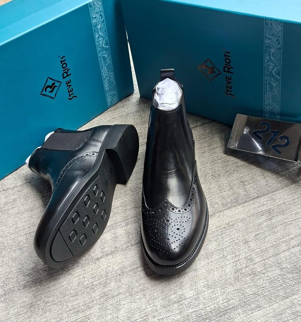 Steve Riots Black Leather Chelsea Boots with Brogue Wingtip Detailing Steve Riots Black Leather Chelsea Boots with Brogue Wingtip Detailing