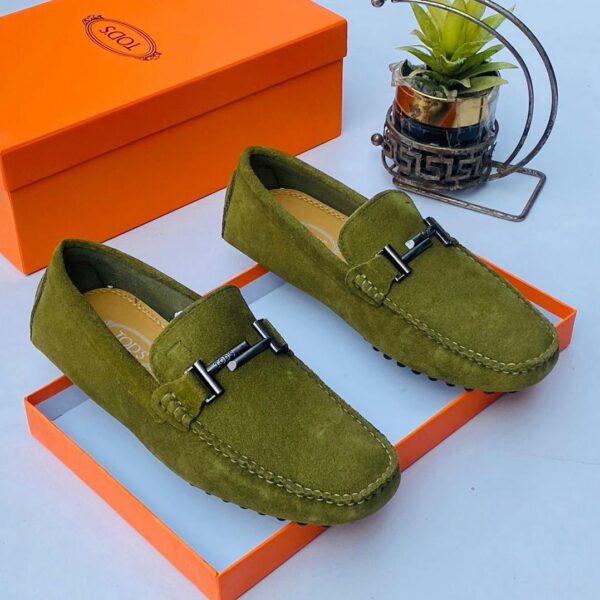 Tod’s Olive Green Suede Driving Loafers with Metallic Buckle