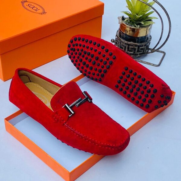 Tod’s Red Suede Gommino Loafers with Silver-Tone Hardware