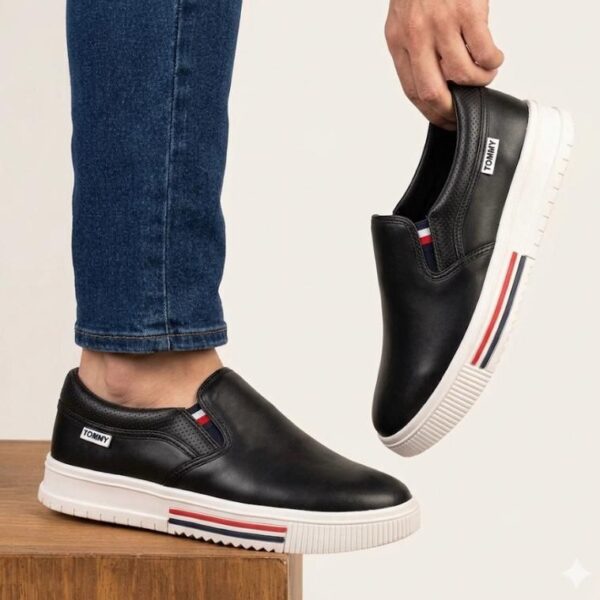Tommy Hilfiger Black Leather Slip-On Sneakers