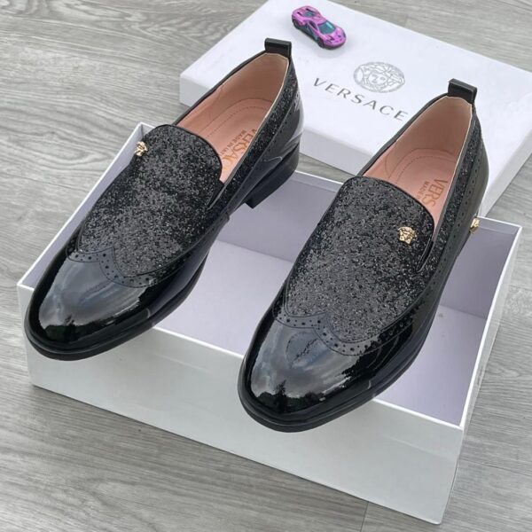 Versace Black Patent Leather & Glitter Wingtip Loafers