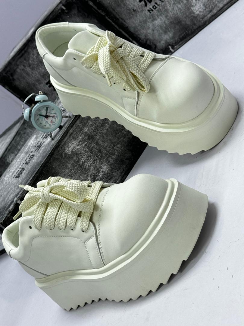 White Platform Lace-Up Sneakers with Ribbed Sole White Platform Lace-Up Sneakers with Ribbed Sole