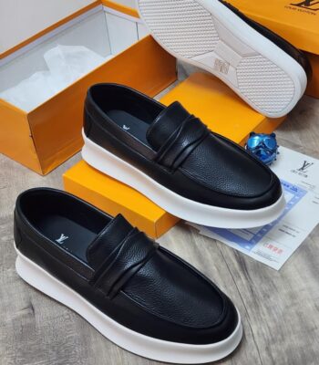 Men’s Black Grained Leather Loafers with White Chunky Sole