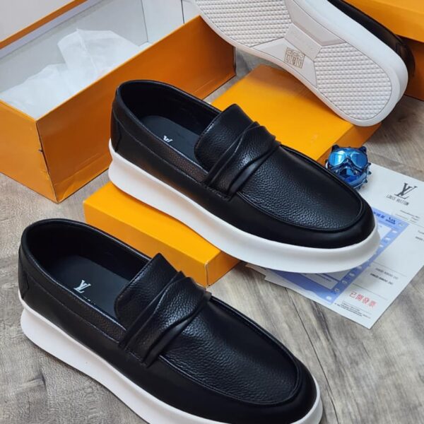 Men’s Black Grained Leather Loafers with White Chunky Sole