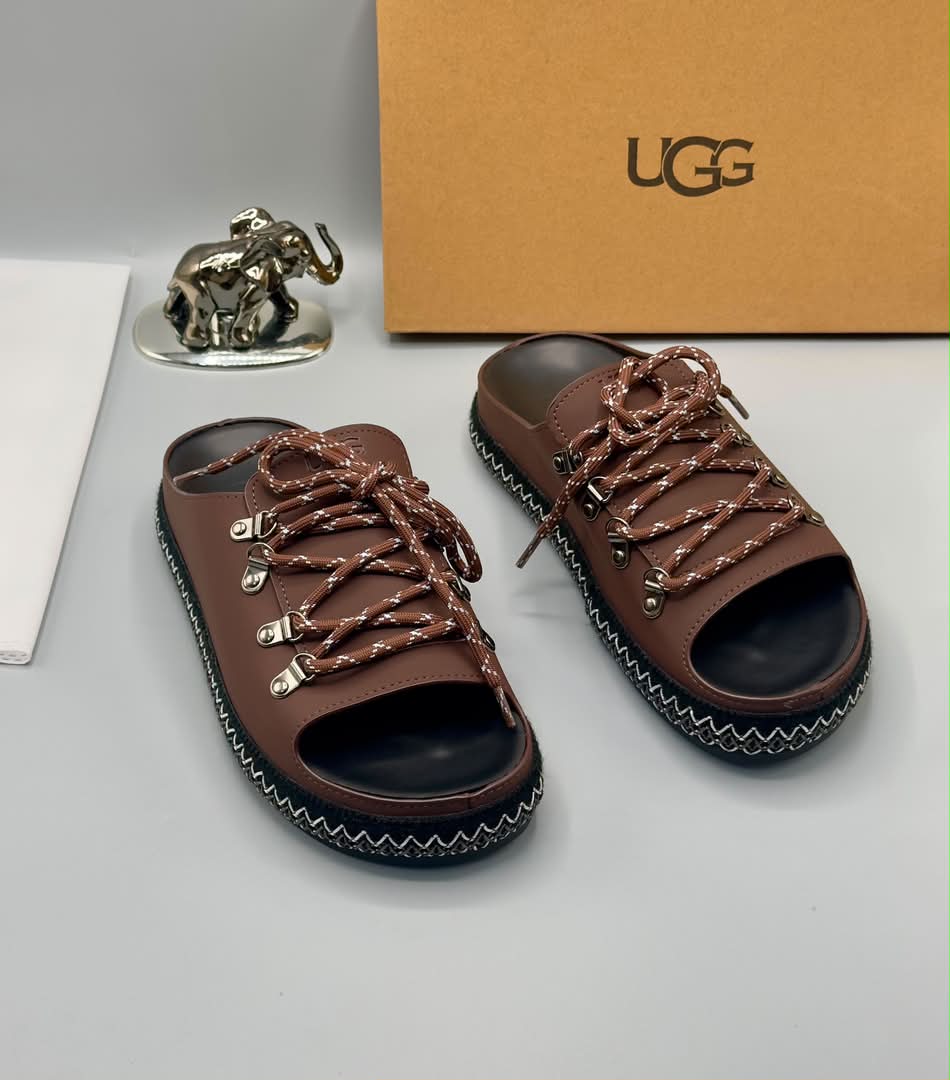 Men’s Brown Leather Slides with Rope Laces Men’s Brown Leather Slides with Rope Laces