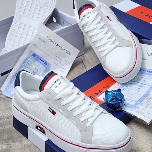 Men’s White Sneakers with Navy & Red Accents