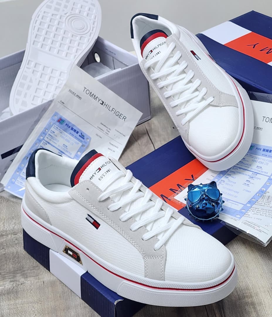 Men’s White Sneakers with Navy & Red Accents Men’s White Sneakers with Navy & Red Accents