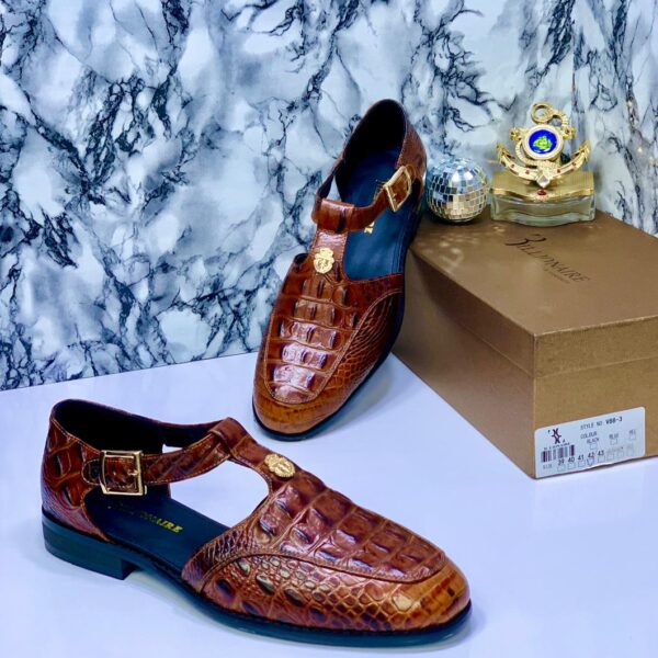 Billionaire Mens Brown Crocodile Embossed Leather T Strap Shoes