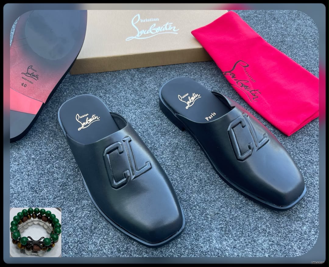 Black CL Logo Leather Mule Slides Black CL Logo Leather Mule Slides