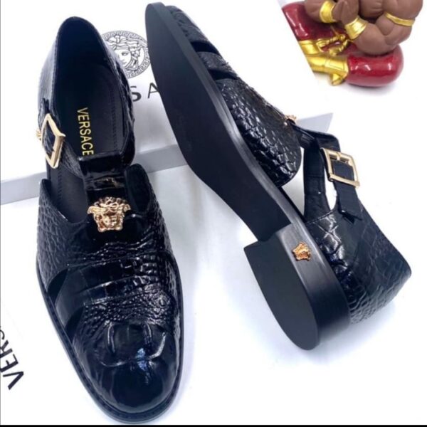 Mens Black Crocodile Texture Leather Sandals