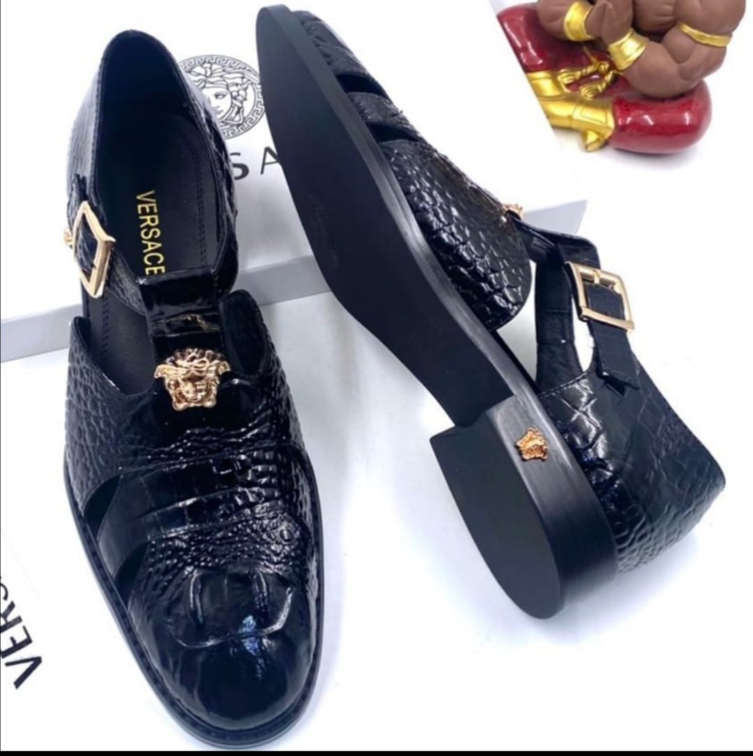 Mens Black Crocodile Texture Leather Sandals Mens Black Crocodile Texture Leather Sandals