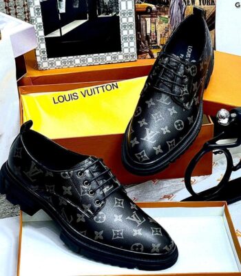 Mens Black Leather Monogram Derby Shoes