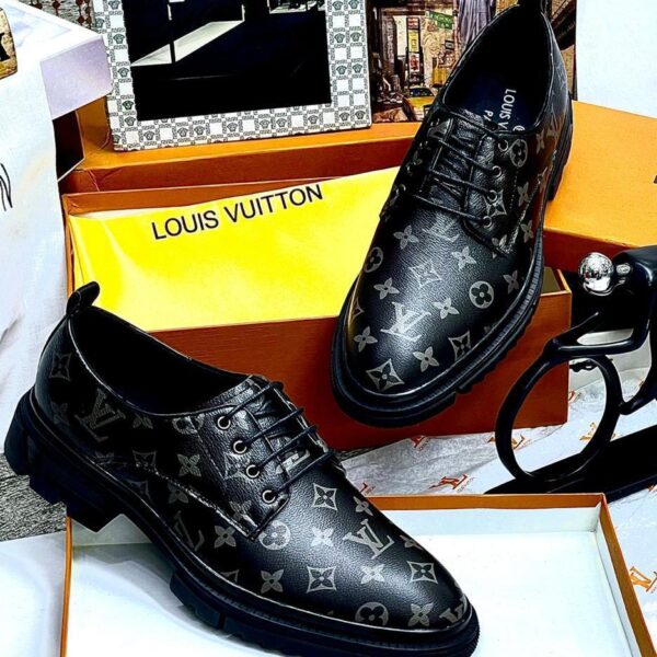 Mens Black Leather Monogram Derby Shoes