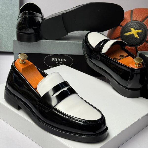 Mens Black White Brushed Leather Bicolor Loafers