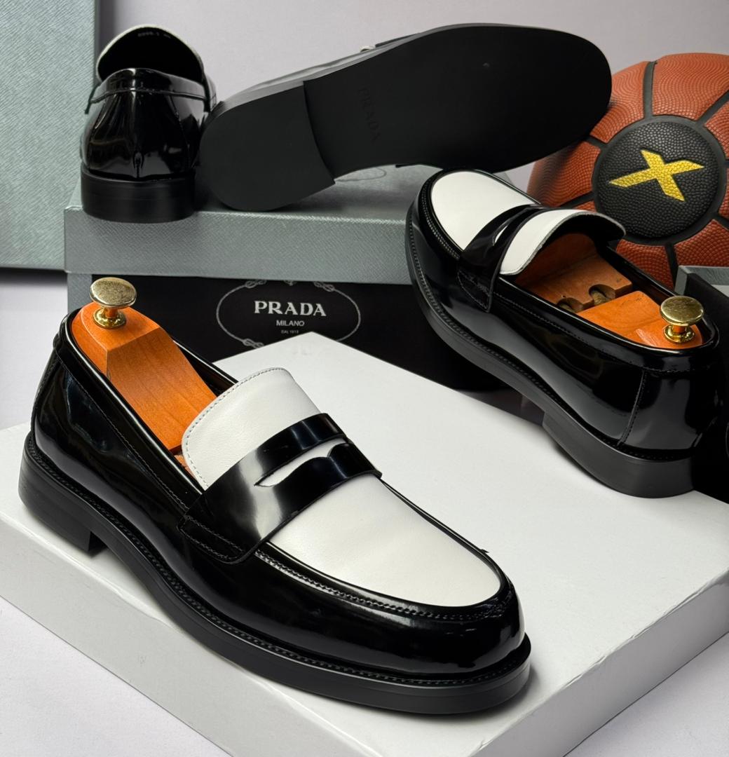 Mens Black White Brushed Leather Bicolor Loafers Mens Black White Brushed Leather Bicolor Loafers