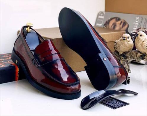 Mens Burgundy High Shine Leather Penny Loafers