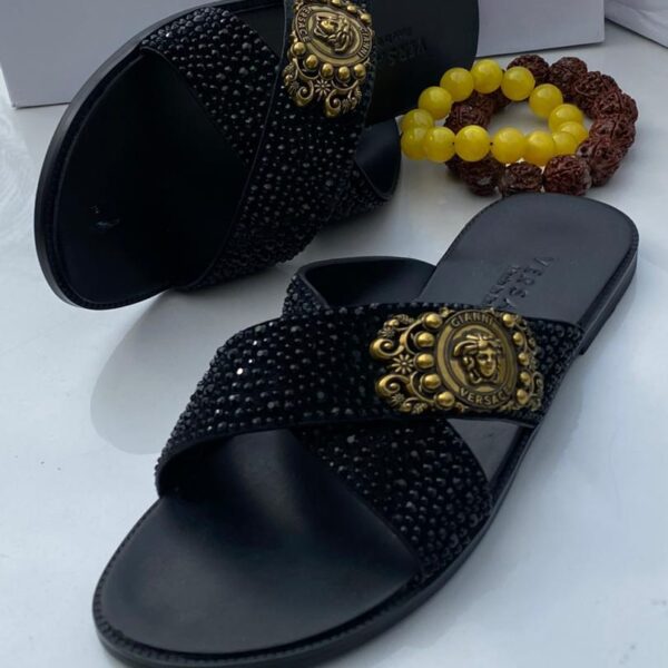 Versace Black Crystal Embellished Crisscross Slide Sandals