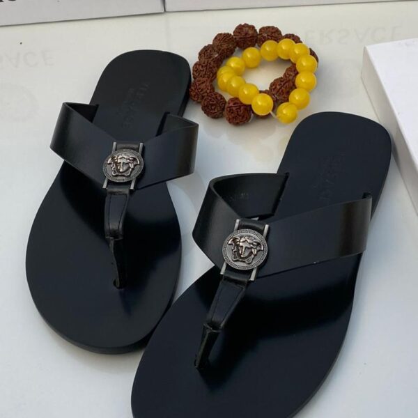 Versace Black Leather Thong Sandals