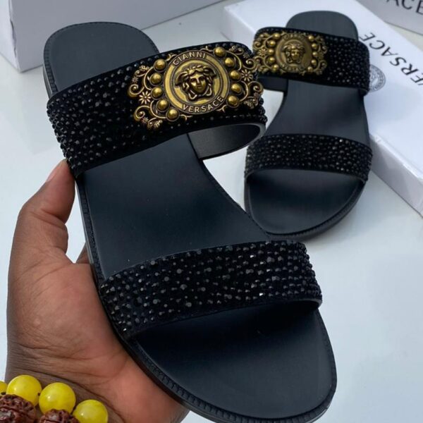 Black Crocodile Embossed Leather Monogram Buckle Slide Sandals